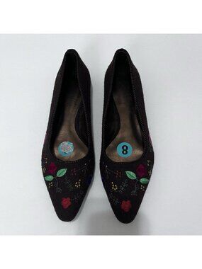 Sam & Libby Brown Felt Red Green Floral Embroidered Flats Shoes